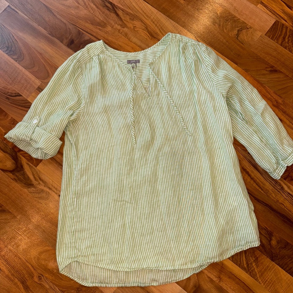 J Jill Linen Striped V Neck Roll Tab Sleeve Tunic Top Women's Medium linen vacay